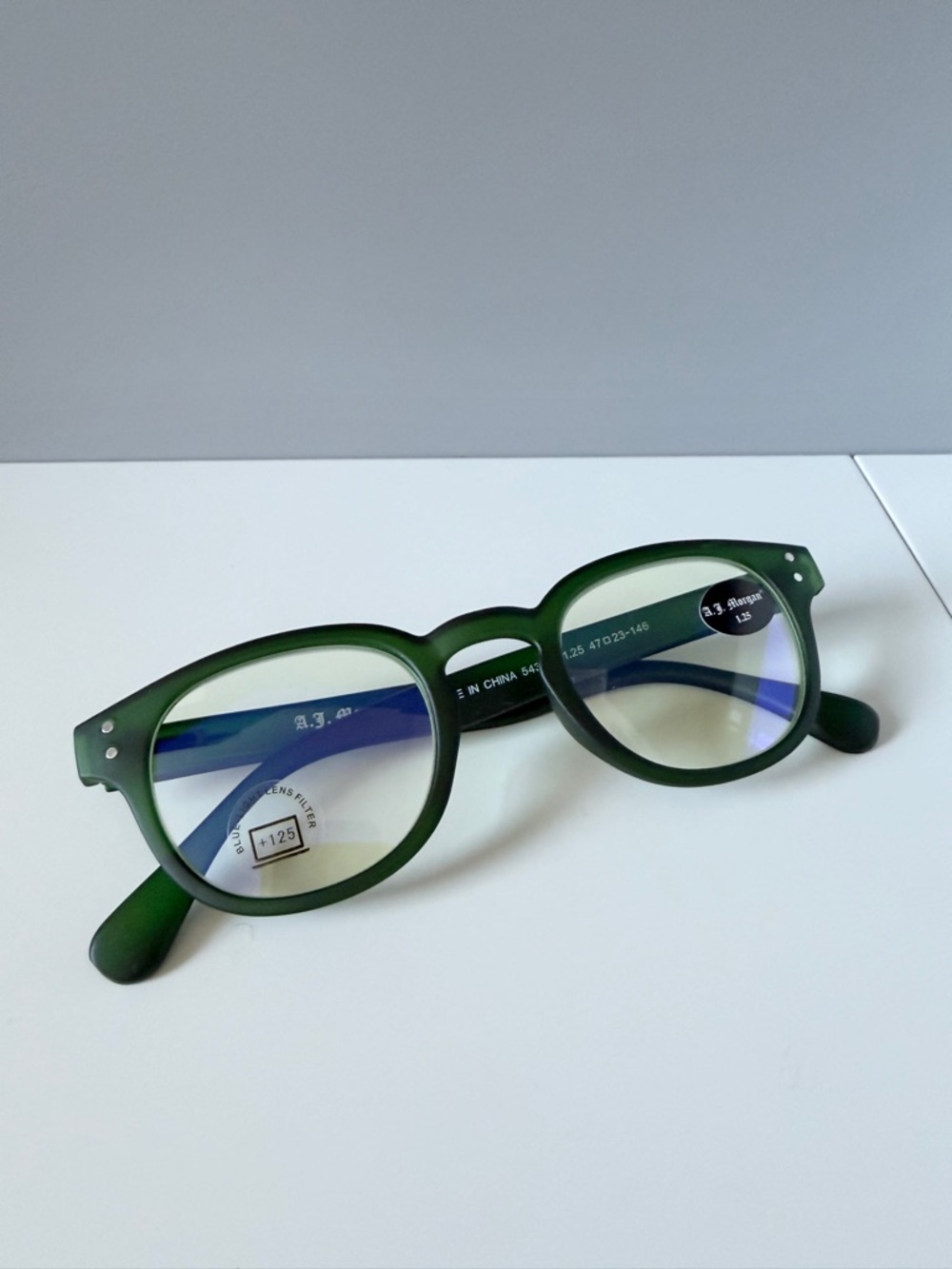 ASOS green classic frame blue light computer reading glasses prescription 1.25